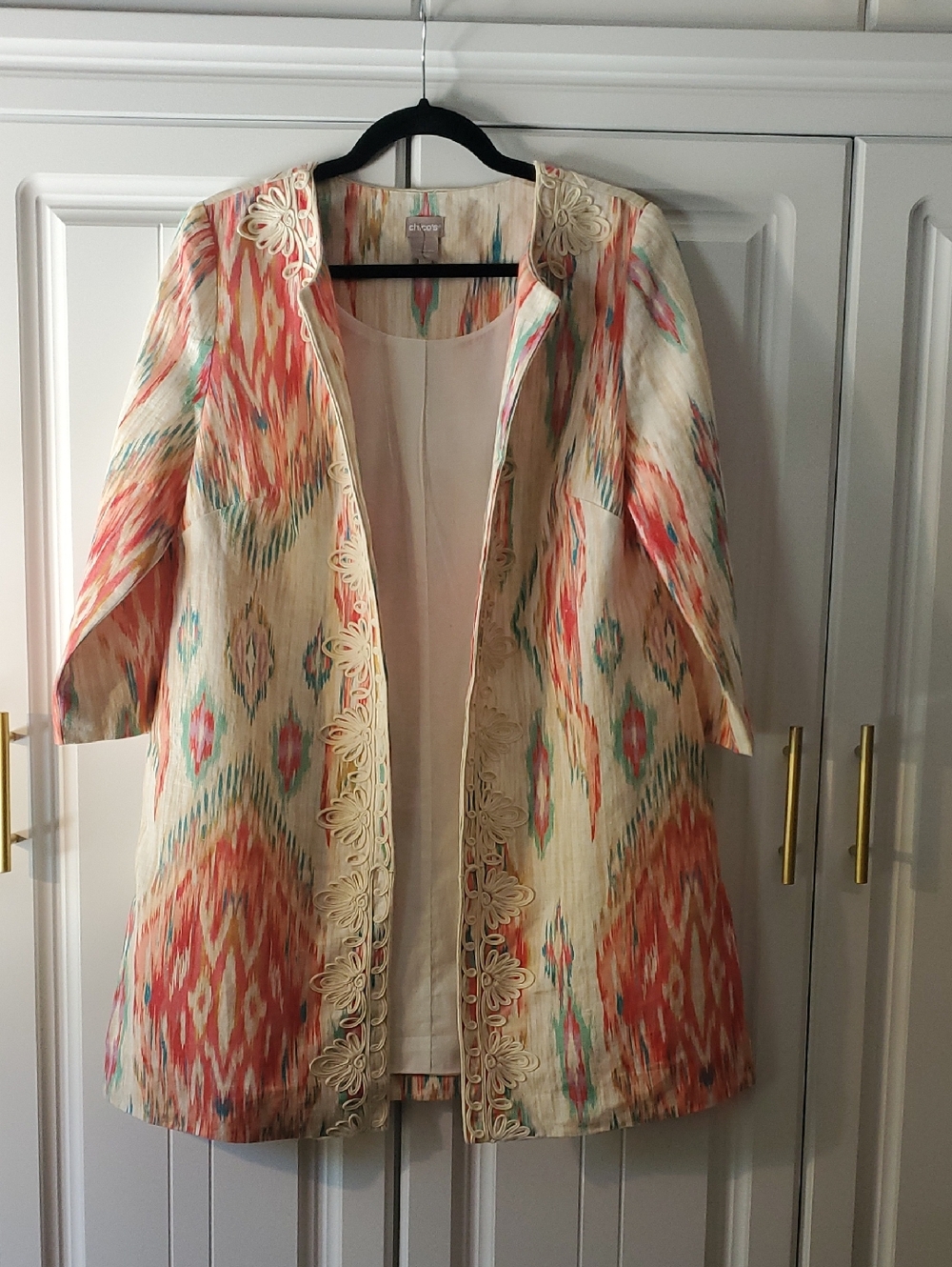 Chico's Cream Ikat Open-Front Jacket with Coral and Aqua Accents
